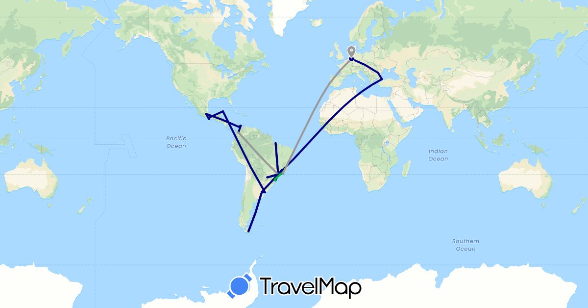 TravelMap itinerary: driving, bus, plane in Argentina, Brazil, Colombia, Germany, Mexico, Portugal, Romania, Turkey, Uruguay (Asia, Europe, North America, South America)
